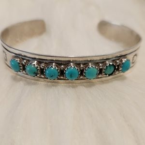 Vintage Navajo E. Yazzie Sterling Silver Turquoise Cuff Bracelet